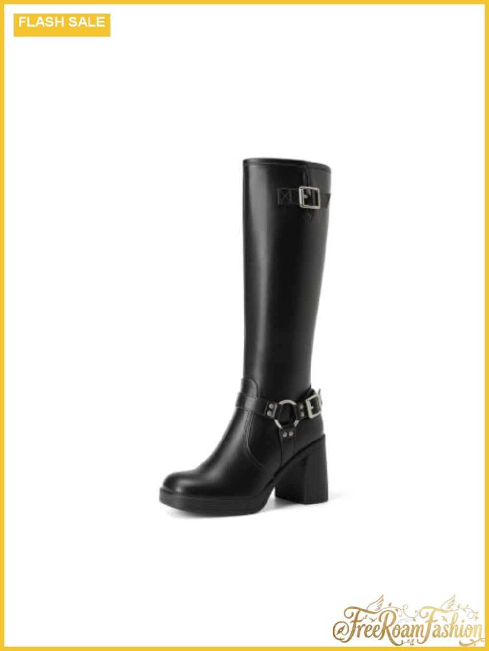 Platform Chunky Knee High Moto Boots Faux Leather Block Heel Square Toe